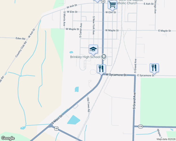 map of restaurants, bars, coffee shops, grocery stores, and more near 420 Dial Circle in Brinkley