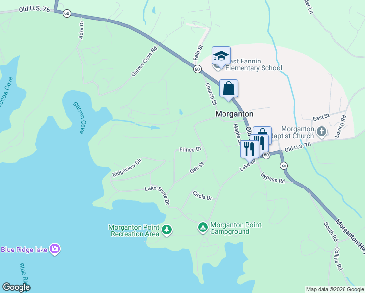 map of restaurants, bars, coffee shops, grocery stores, and more near 144 Prince Drive in Morganton