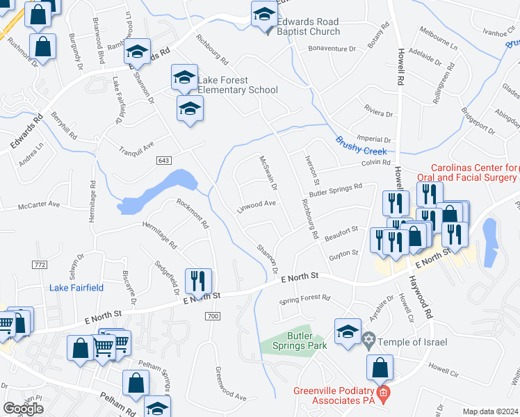 map of restaurants, bars, coffee shops, grocery stores, and more near 106 Linwood Avenue in Greenville