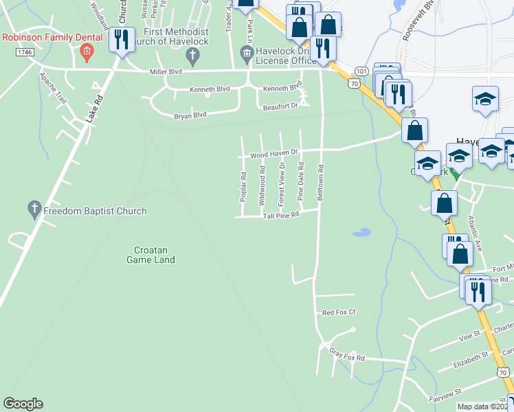 map of restaurants, bars, coffee shops, grocery stores, and more near 220 Wildwood Road in Havelock