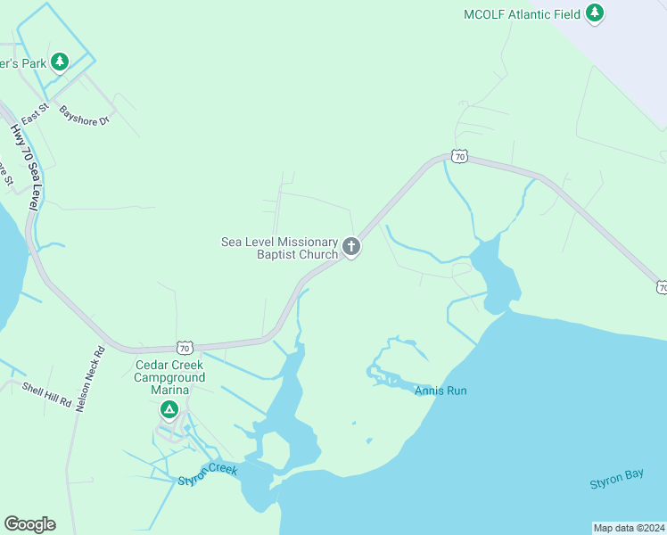 map of restaurants, bars, coffee shops, grocery stores, and more near 1076 Highway 70 Sea Level in Sealevel
