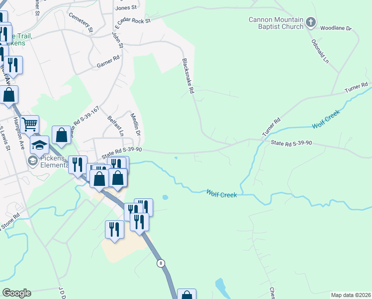 map of restaurants, bars, coffee shops, grocery stores, and more near 673 Ireland Road in Pickens