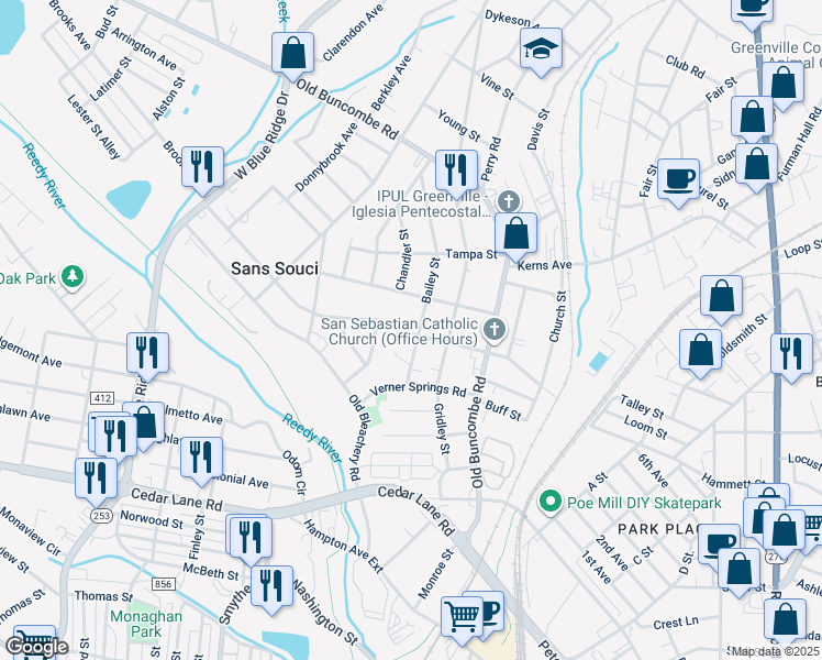 map of restaurants, bars, coffee shops, grocery stores, and more near 310 Morris Street in Greenville