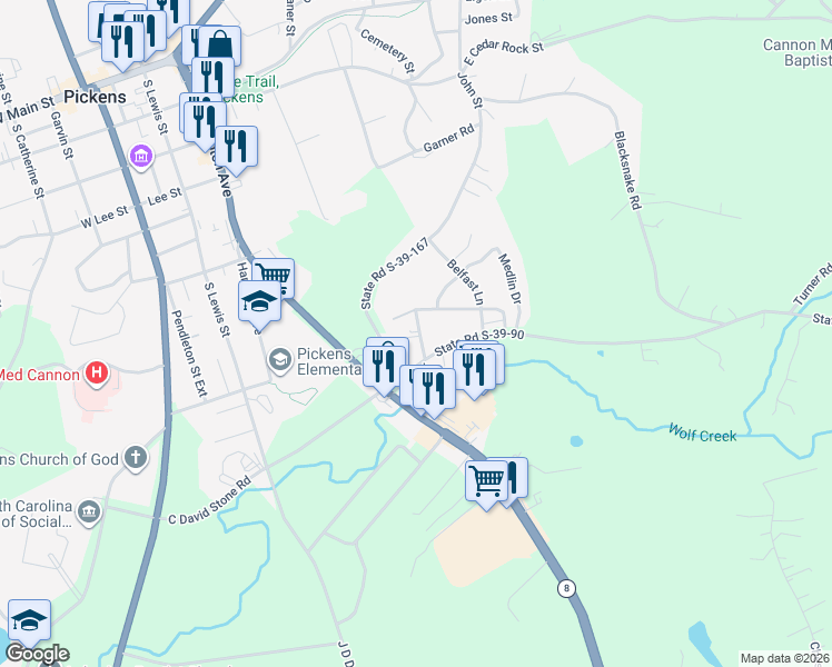 map of restaurants, bars, coffee shops, grocery stores, and more near 125 Newton Hill Road in Pickens
