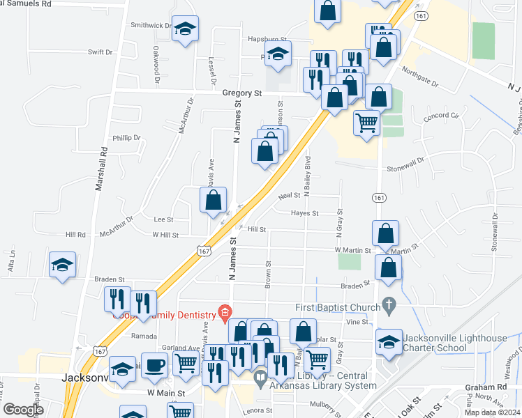 map of restaurants, bars, coffee shops, grocery stores, and more near 708 Neal Street in Jacksonville