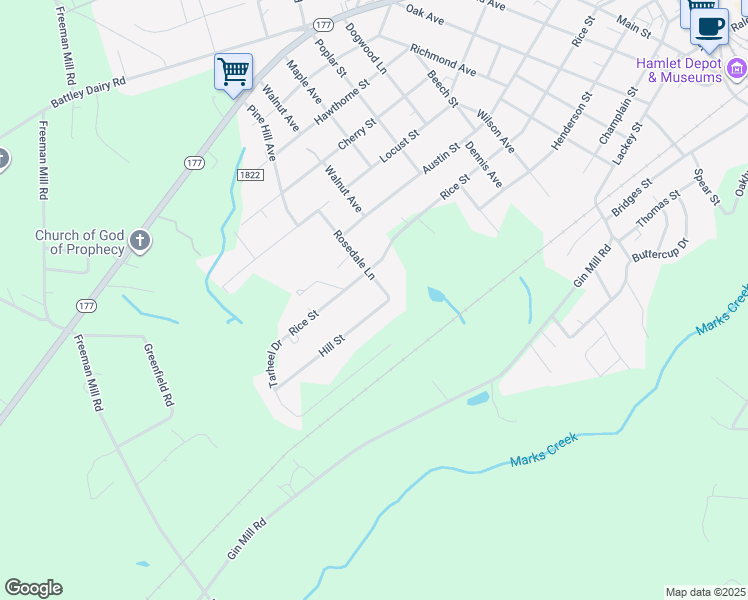 map of restaurants, bars, coffee shops, grocery stores, and more near 411 Rosedale Lane in Hamlet