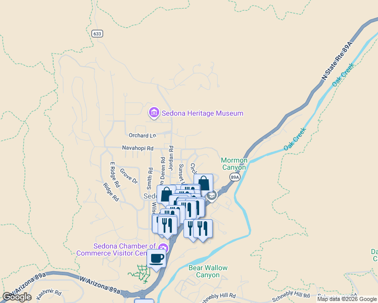 map of restaurants, bars, coffee shops, grocery stores, and more near 500 Quail Tail Trail in Sedona