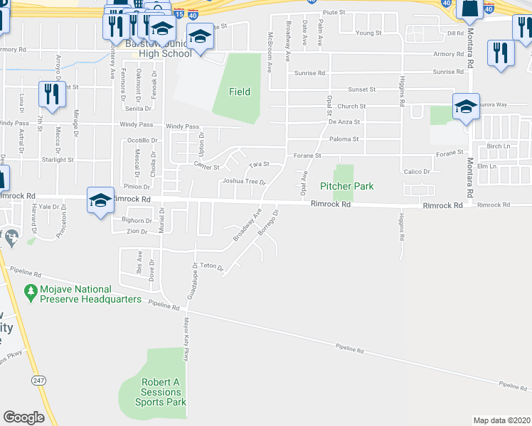 map of restaurants, bars, coffee shops, grocery stores, and more near in Barstow