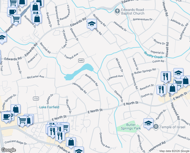 map of restaurants, bars, coffee shops, grocery stores, and more near 15 Rockmont Road in Greenville