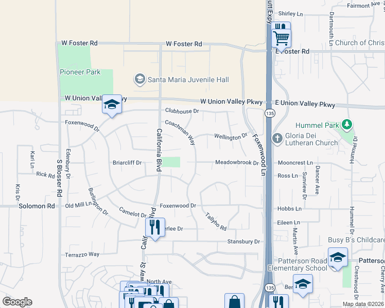 map of restaurants, bars, coffee shops, grocery stores, and more near 4395 Coachman Way in Santa Maria