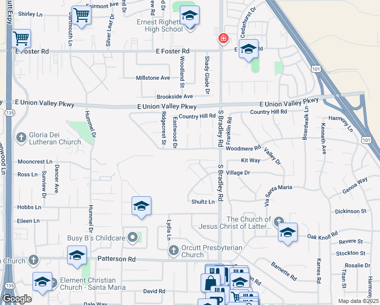 map of restaurants, bars, coffee shops, grocery stores, and more near 940 Woodmere Road in Santa Maria