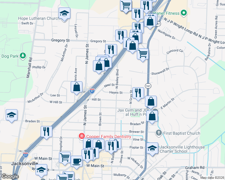 map of restaurants, bars, coffee shops, grocery stores, and more near 601 Neal Street in Jacksonville