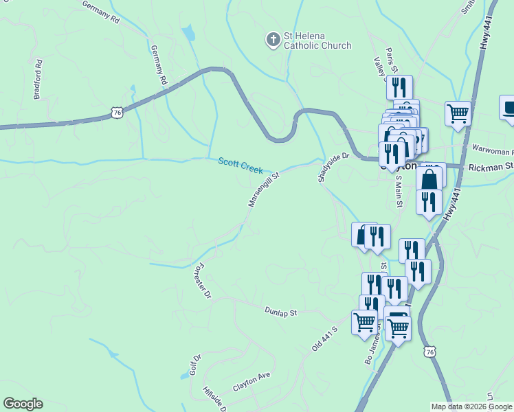 map of restaurants, bars, coffee shops, grocery stores, and more near 110 Birch Tree Lane in Clayton