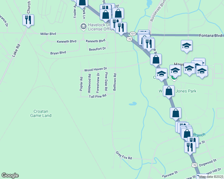 map of restaurants, bars, coffee shops, grocery stores, and more near 218 Belltown Road in Havelock