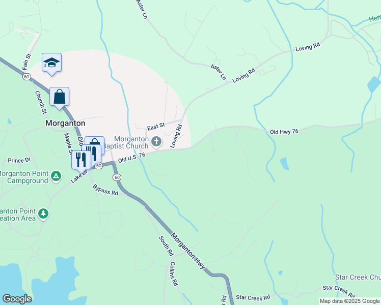 map of restaurants, bars, coffee shops, grocery stores, and more near 9674 Old Highway 76 in Morganton