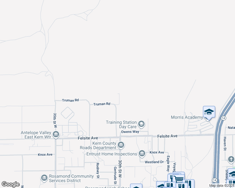map of restaurants, bars, coffee shops, grocery stores, and more near 30th Street West in Rosamond