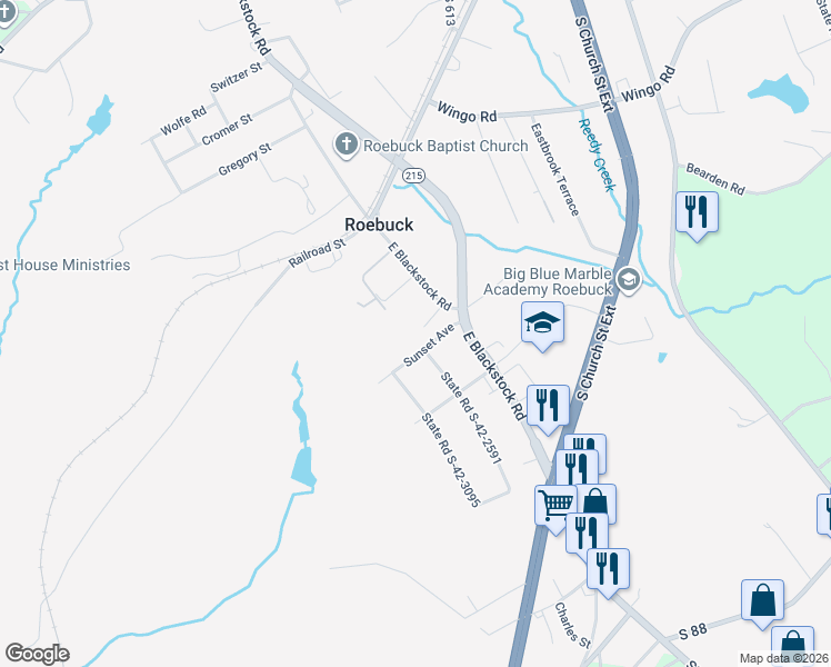 map of restaurants, bars, coffee shops, grocery stores, and more near 2182 East Blackstock Road in Roebuck