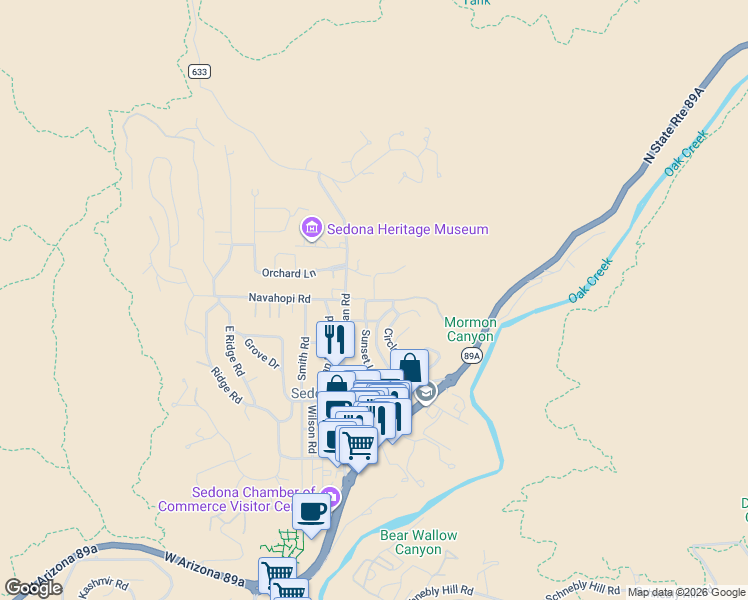 map of restaurants, bars, coffee shops, grocery stores, and more near 500 Quail Tail in Sedona