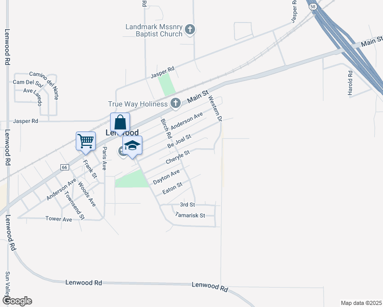 map of restaurants, bars, coffee shops, grocery stores, and more near 25587 Cheryle Street in Barstow