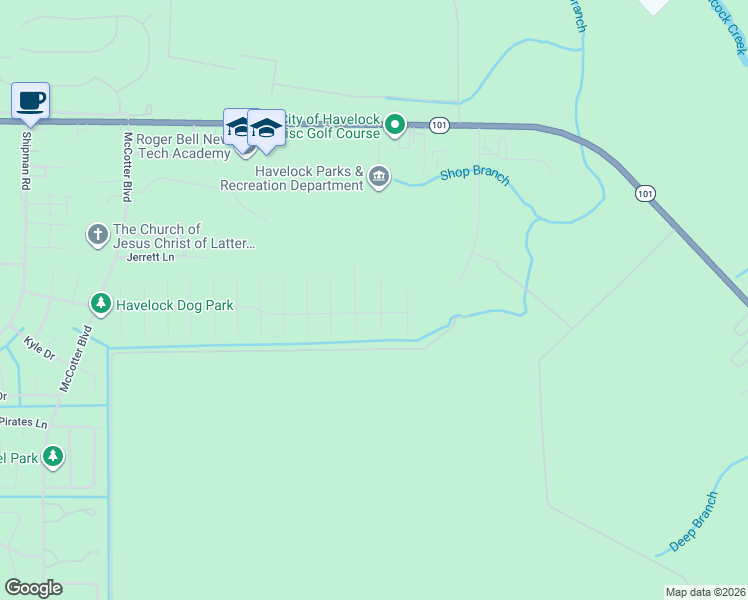 map of restaurants, bars, coffee shops, grocery stores, and more near 1413 Scotch Pine Court in Havelock