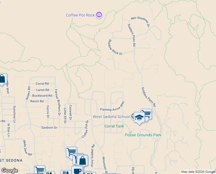 map of restaurants, bars, coffee shops, grocery stores, and more near 70 Eagle Dancer Road in Sedona
