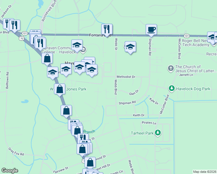 map of restaurants, bars, coffee shops, grocery stores, and more near 200 Webb Boulevard in Havelock