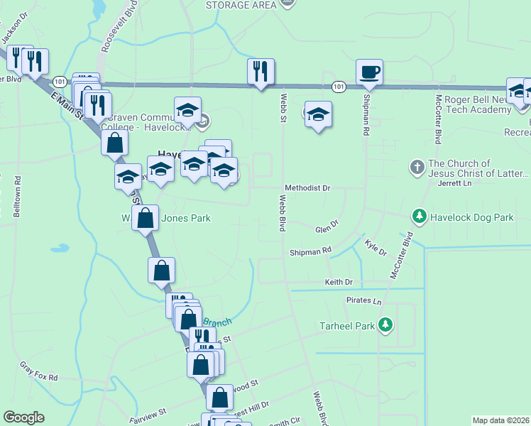 map of restaurants, bars, coffee shops, grocery stores, and more near 200 Webb Boulevard in Havelock
