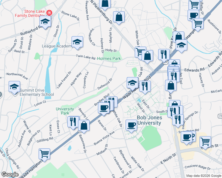 map of restaurants, bars, coffee shops, grocery stores, and more near 300 Dellwood Drive in Greenville