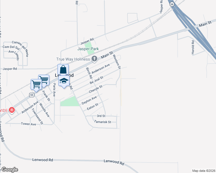 map of restaurants, bars, coffee shops, grocery stores, and more near 25616 Cheryle Street in Barstow
