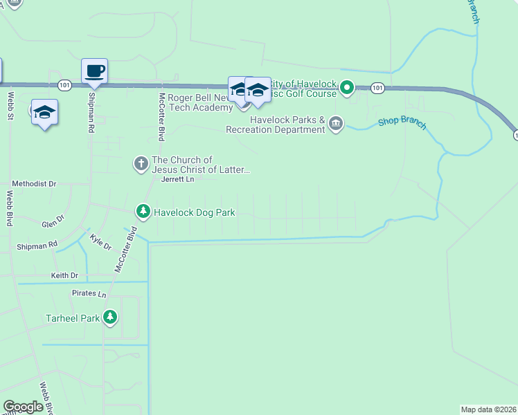 map of restaurants, bars, coffee shops, grocery stores, and more near 1013 Locust Court in Havelock