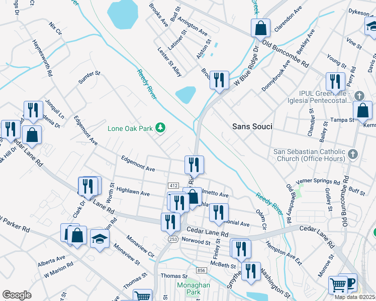 map of restaurants, bars, coffee shops, grocery stores, and more near 1200 West Blue Ridge Drive in Greenville