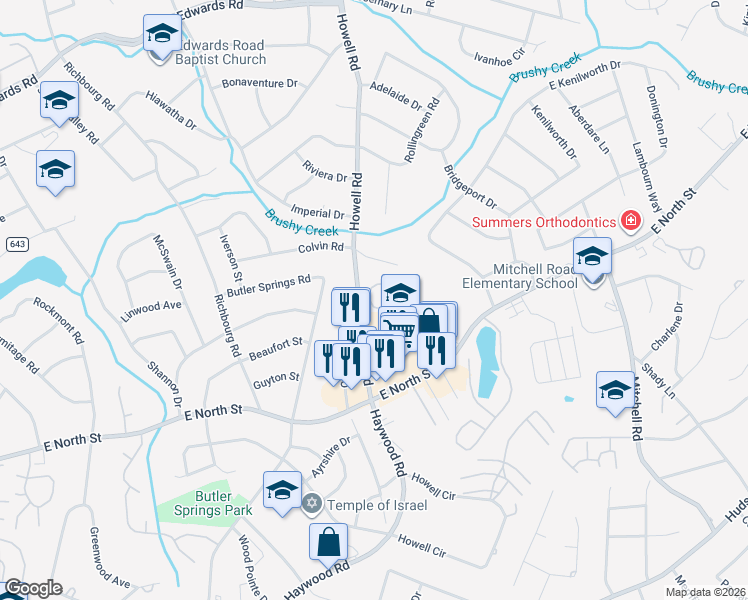 map of restaurants, bars, coffee shops, grocery stores, and more near 2308 Ardmore Springs Circle in Greenville
