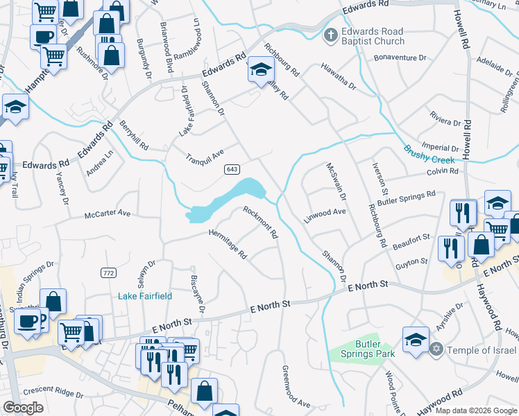 map of restaurants, bars, coffee shops, grocery stores, and more near 15 Rockmont Road in Greenville