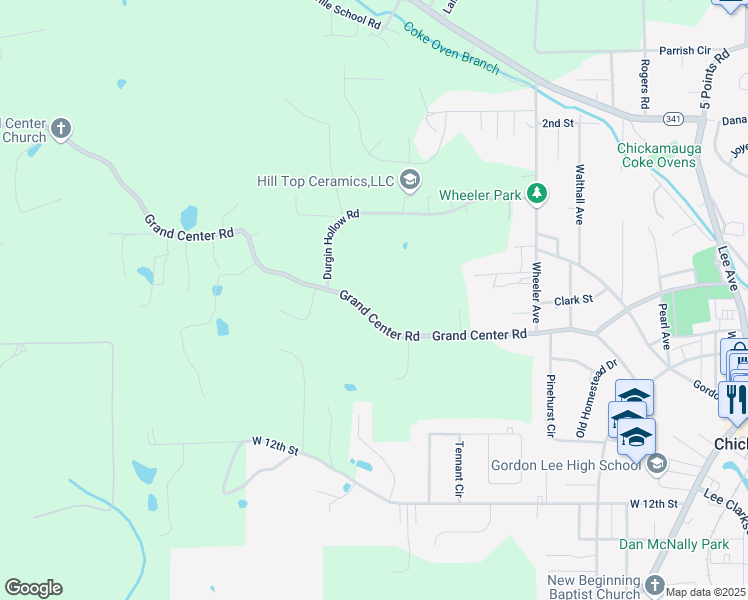 map of restaurants, bars, coffee shops, grocery stores, and more near 790 Grand Center Road in Chickamauga