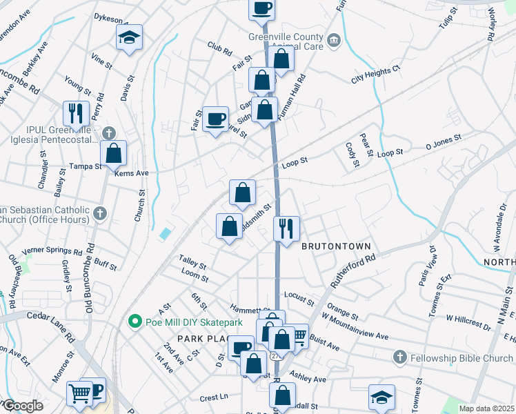 map of restaurants, bars, coffee shops, grocery stores, and more near 12 Goldsmith Street in Greenville