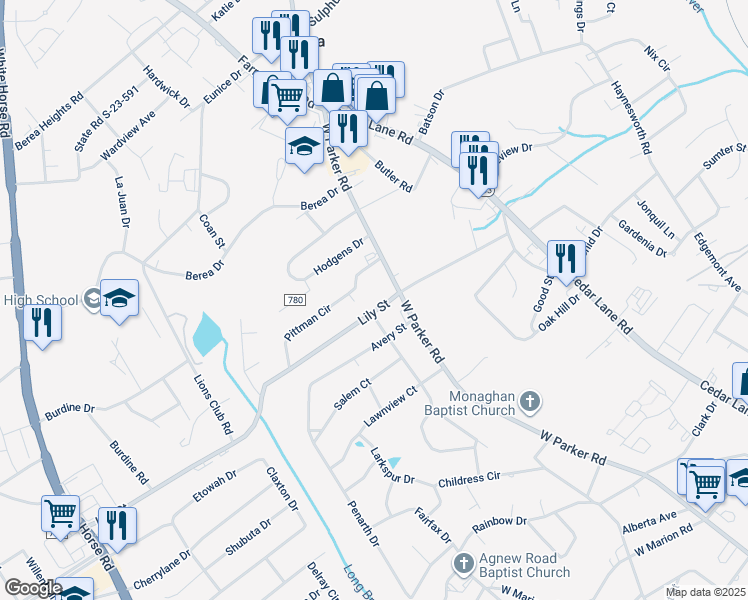 map of restaurants, bars, coffee shops, grocery stores, and more near 15 Pittman Circle in Greenville