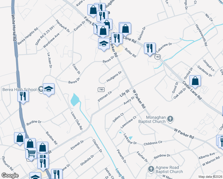 map of restaurants, bars, coffee shops, grocery stores, and more near 24 Pittman Circle in Greenville