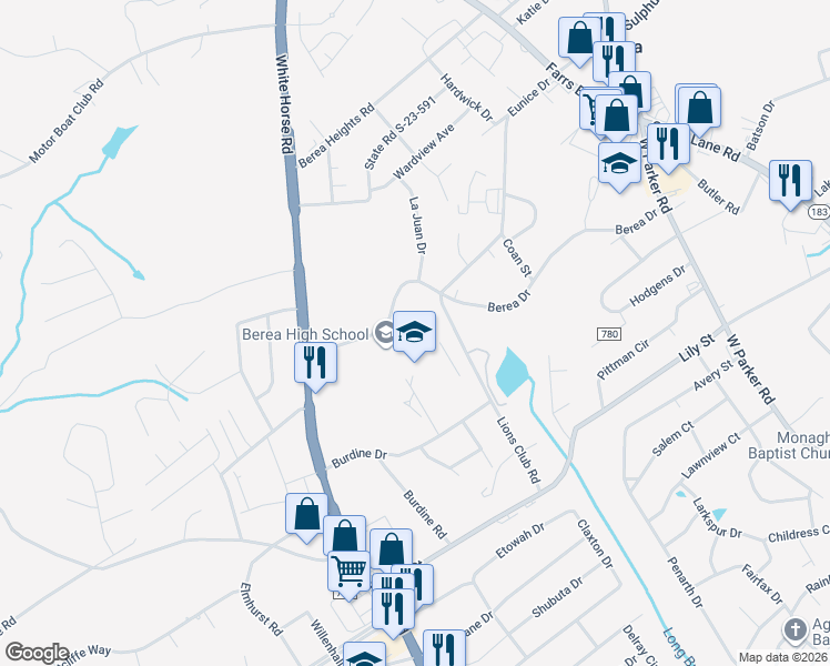 map of restaurants, bars, coffee shops, grocery stores, and more near 201 Burdine Drive in Greenville