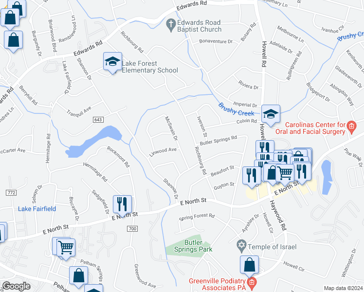map of restaurants, bars, coffee shops, grocery stores, and more near 100 McSwain Drive in Greenville