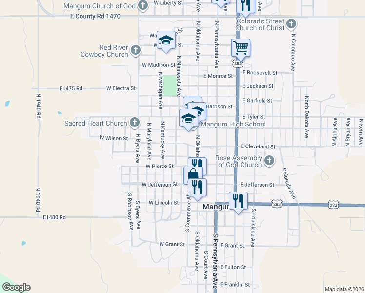 map of restaurants, bars, coffee shops, grocery stores, and more near 110 West Taylor Street in Mangum