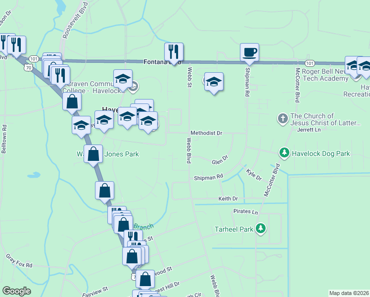 map of restaurants, bars, coffee shops, grocery stores, and more near 200 Webb Boulevard in Havelock