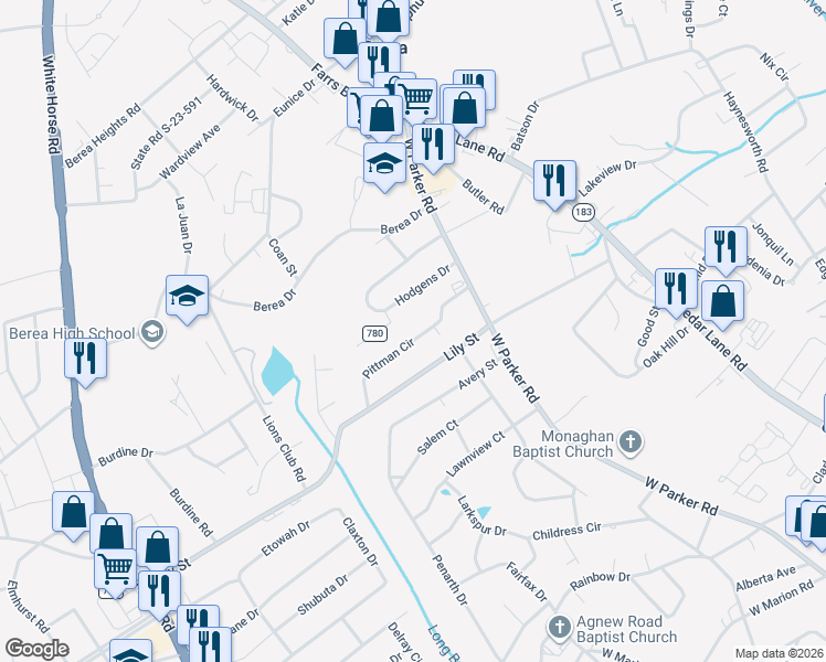 map of restaurants, bars, coffee shops, grocery stores, and more near 24 Pittman Circle in Greenville