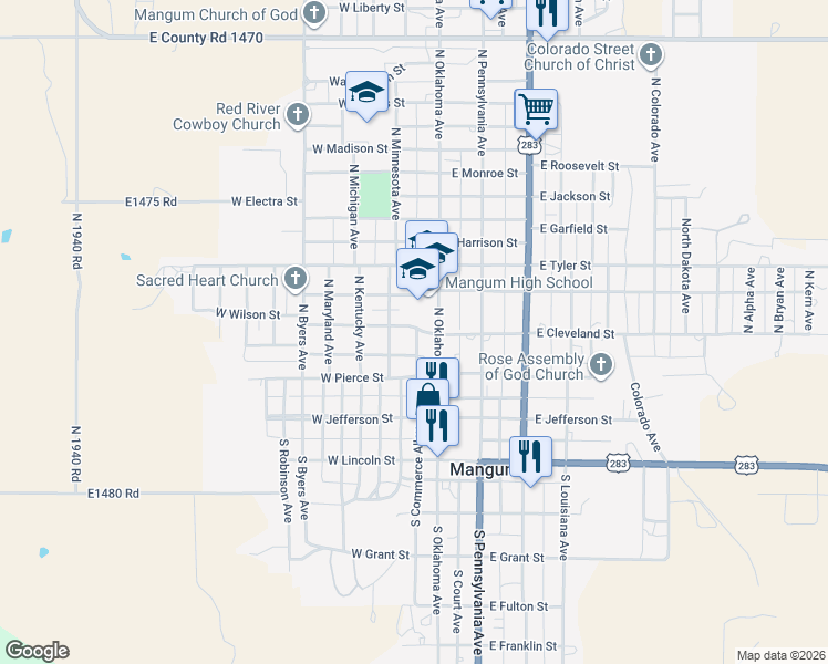 map of restaurants, bars, coffee shops, grocery stores, and more near 110 West Taylor Street in Mangum