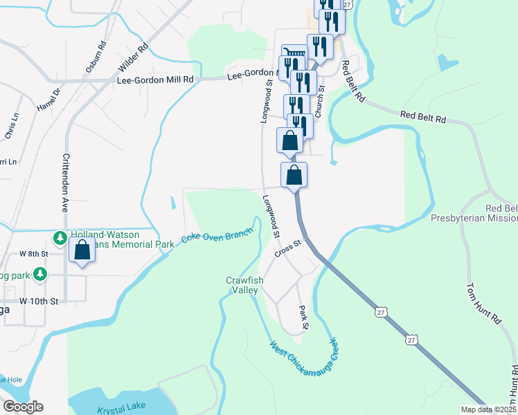map of restaurants, bars, coffee shops, grocery stores, and more near 300 Longwood Street in Chickamauga