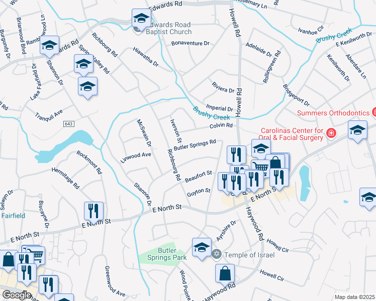 map of restaurants, bars, coffee shops, grocery stores, and more near 827 Butler Springs Road in Greenville