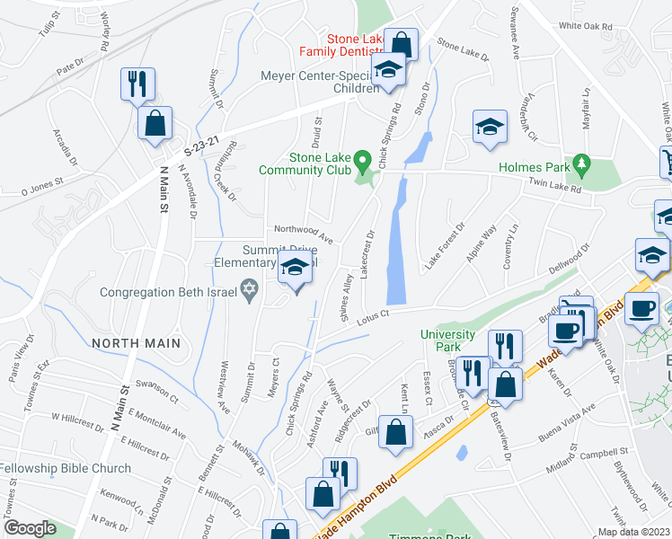 map of restaurants, bars, coffee shops, grocery stores, and more near 601 Chick Springs Road in Greenville