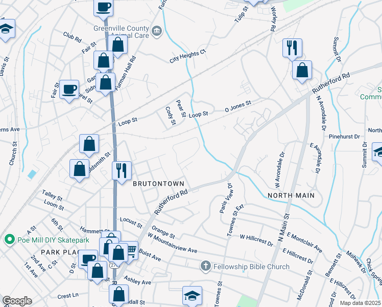 map of restaurants, bars, coffee shops, grocery stores, and more near 107 Boling Circle in Greenville