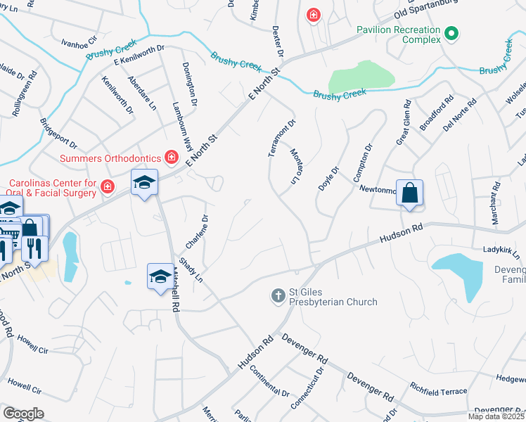 map of restaurants, bars, coffee shops, grocery stores, and more near 11 Windy Court in Greenville