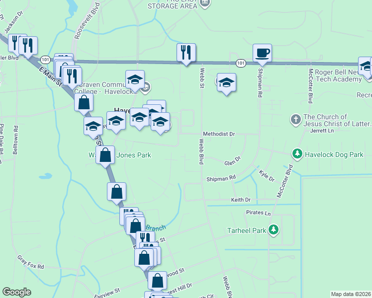 map of restaurants, bars, coffee shops, grocery stores, and more near 200 Webb Boulevard in Havelock