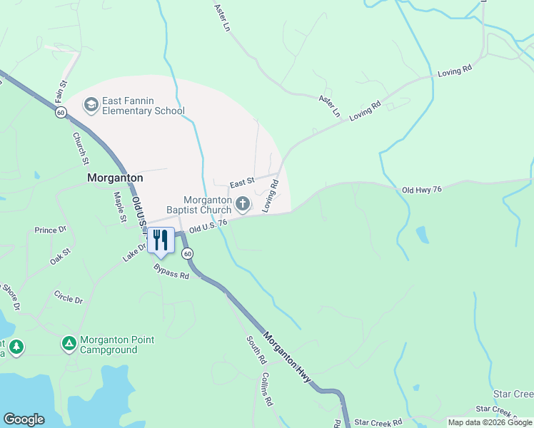map of restaurants, bars, coffee shops, grocery stores, and more near 119 Loving Road in Morganton